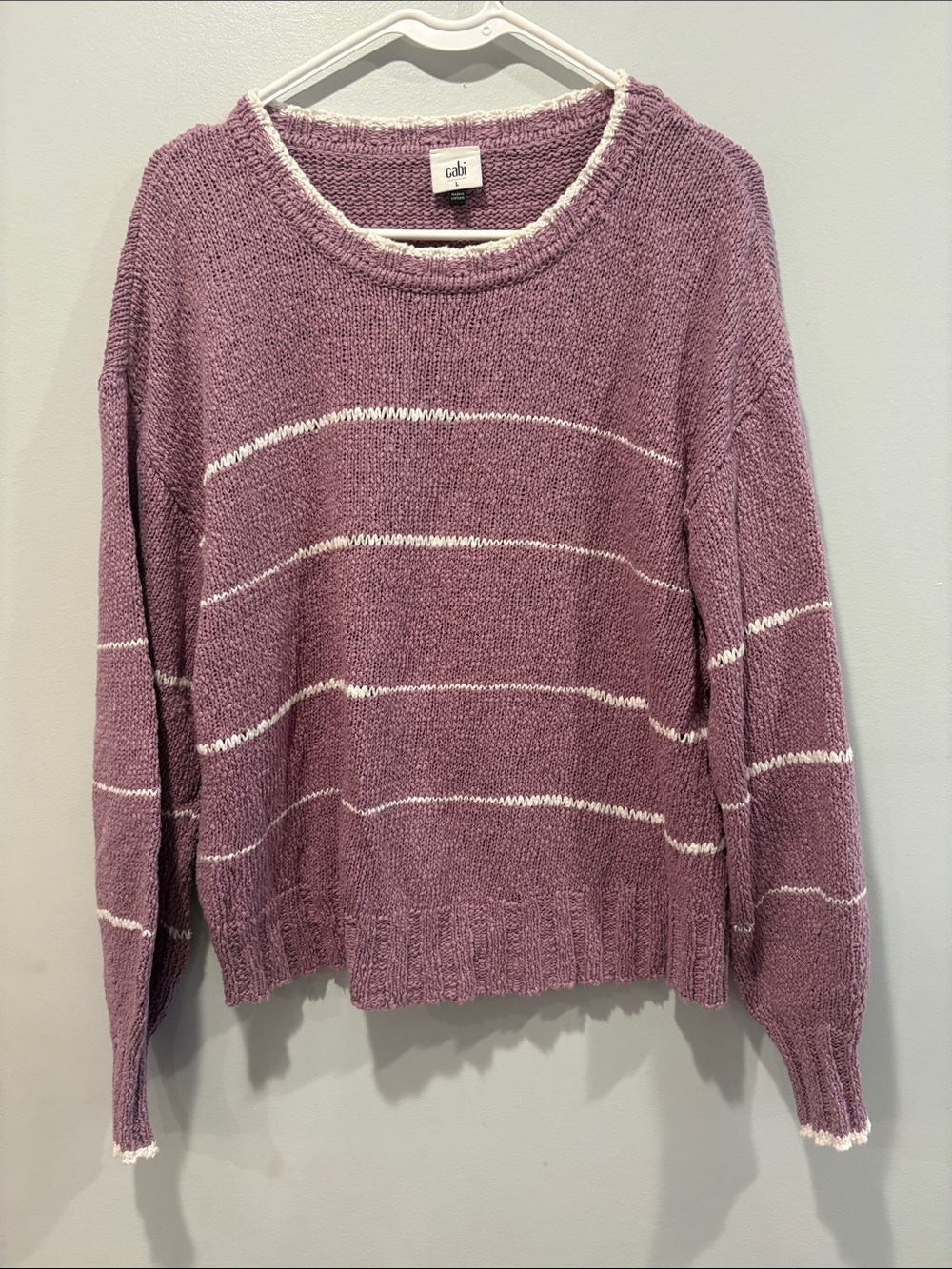 CAbi Mauve Striped Crewneck Sweater with White Trim ptp 21 length 24
